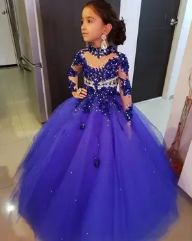 Albastru Regal Plus Dimensiune Fetițe De Rochii De Concurs De Mâneci Lungi Cristal Cu Gât Înalt Pentru Copii Rochie De Bal Tul Rochii De Petrecere