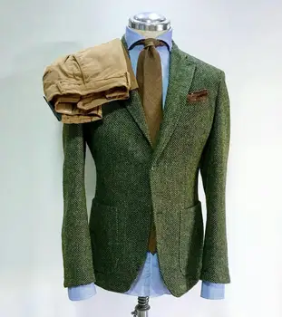 Iarna Verde Tweed Afaceri Mens Haina Costume De Înaltă Calitate Cald Barbati Costume Barbati Bal Cina Sacou Costum Doar Un Sacou