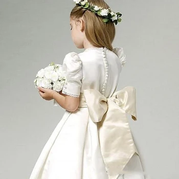 Vintage fata rochie de flori lungime de glezna bijuterie gât balon mâneci scurte dantelă hemline fildeș satin rochii fete cu flori cu champag