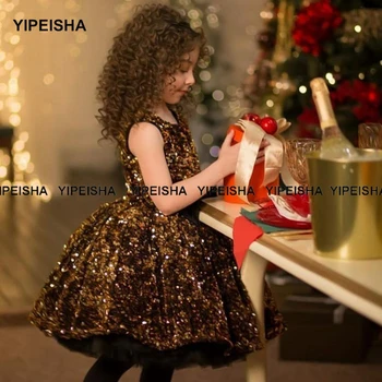 Yipeisha Bijuterie Sclipici Sequin Rochii Fete cu Flori Genunchi Lungime O-linie Aur Petrecere Rochie pentru copii Copii Rochie Formale