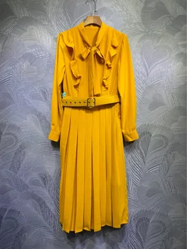 2021 Vara pentru Femei de Înaltă calitate papion cutat Șic OL elegant mâneci Lungi rochie C190