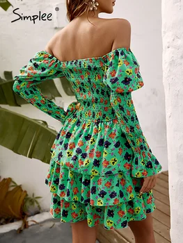 Simplee Sexy de pe umăr print floral verde de vară mini rochii femei Vacanță boho volane rochii de plajă O-linie elastic vestido