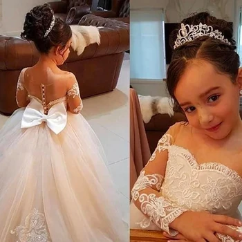 Alb Dragă Complet Maneca O-Linie Flori Girl Rochii pentru Nunti Copiii cu Buton de Arc Aplicatiile Puf Tul Rochii de zi de Naștere