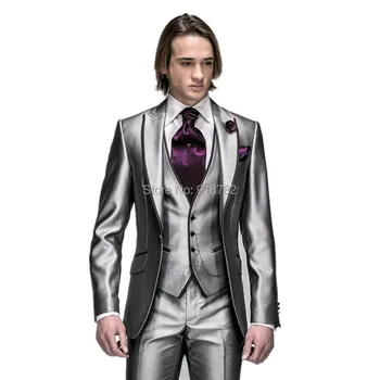 2018 Nou Stil De Argint Strălucitor Vârf Rever Cavalerii De Onoare Cel Mai Bun Om La Nunta Costume Pentru Barbati Slim Fit Mire Costume (Sacou+Pantaloni+Vesta+Cravata)