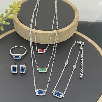 Lanyika Set de Bijuterii de Moda Pătrat Cubic Micro Pave Colier cu Cercei, Bratara si Inel pentru Femei Petrecerea de Nunta Cadouri