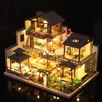 Noi DIY Arhitectura Japoneza casă de Păpuși din Lemn Asamblate in Miniatura cu Mobilier Casa Mare Casă de Păpuși Jucarii pentru Fete Adult Cadou