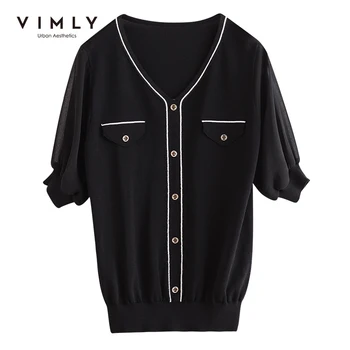 Vimly moale dylish tricotate T-shirt pentru femei de vară 2021 nou design v-gât Elegant cu maneci scurte Negre de Sus Haine de sex Feminin F8177