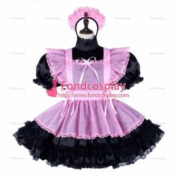 Fondcosplay adult sexy cross dressing sissy menajera scurt rochie din satin negru blocabil Uniformă organza roz șorț Tailor-made[G2332]