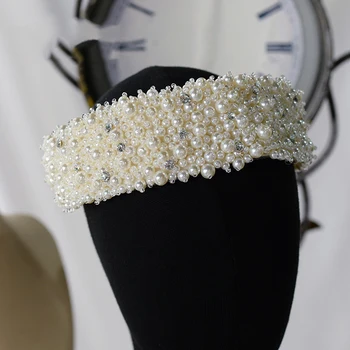 NiuShuya Manual Imitație Pearl Hairband Femei Albe Elegante Plin Margele Perla Bentita Mireasa Crown Cerc Păr Accesorii De Par
