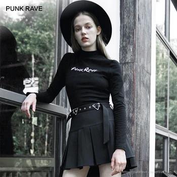 PUNK RAVE Fata Negru Stand de Guler Lungă Brodată, cu Mâneci lungi T-shirt Harajuku Maneca Lunga Casual Moda Topuri Femeile