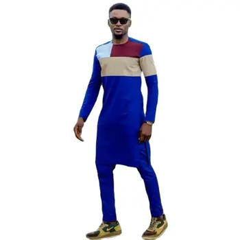 Albastru Bărbați Costum Mozaic Topuri Seturi Solid Stil African Costume de Nunta Nigeria Moda Ocazie Purta tricou+Pantaloni