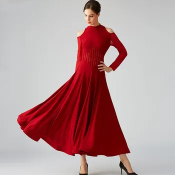 Roșu Off-umăr Cusături de Montaj Lungă Rochie de Bal Pentru Femei Tango Costume de Dans Rumba Purta Rochie de Minge