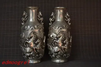 Antic Vechi QingDynasty argint sculptură vaza,O Pereche,Cal în galop, meșteșuguri de mână,cel mai bun de colectare&podoabă,transport gratuit