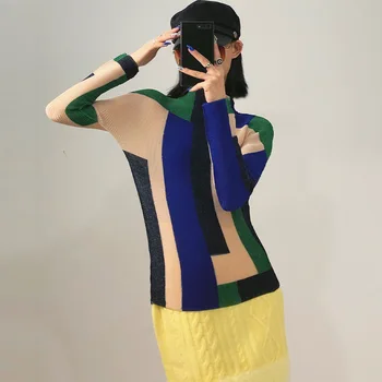 Issey Miyake designer pentru femei de iarna noi cutat bluza feminin de imprimare de înaltă gât subțire cu mâneci lungi tricou bottom