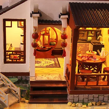 DIY din Lemn in Miniatura Păpuși Iaz de Lotus Chineză Villa Pod Serie Casă de Păpuși, Cu Mobilier Kit Pentru Copii Cadou de Ziua de nastere