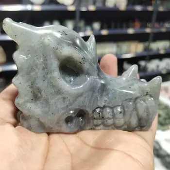 Piatra Naturala Labradorit Cristal Sculptate Manual Cu Cap De Dragon Skull Lustruit Animal Puternic Statuie Pentru Acasă Decorare Cadou