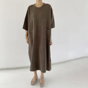 2021 Coreeană De Moda Toamna Iarna Femei Rochie De Culoare Solidă Vrac Casual Simplitate Gât Rotund Maneca Lunga Rochie Tricot Vrac