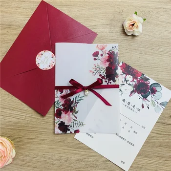 50pcs Acid Sulfuric Hârtie UV Flori, Invitatii de Nunta Card cu Panglica si Perle pentru Petrecerea de Ziua Invită, Personalizate