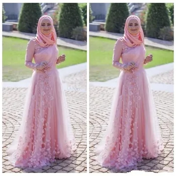 2019 Musulman de Seară rochie arabă Roz O Linie Mâneci Lungi Pliuri Plus Dimensiunea Rochie de Bal Cu Flori Formale de Petrecere, rochii de bal
