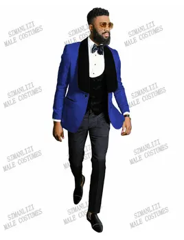 2021 Galben Jacquard Jacket Nunta Smoching pentru Bărbați Mirele 3 piese Slim fit Barbati Costume de Catifea Neagră Rever Personalizate Barbat, Costum