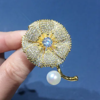 2019 apă dulce perla brosa, floare de aur, perle naturale brosa, produs finit, de înaltă calitate pin bijuterii en-gros