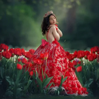 Roșu Iluzie Rochii Fete cu Flori Personalizate cu Maneca Lunga 3D Aplicatii Florale Fete Rochie de Comuniune