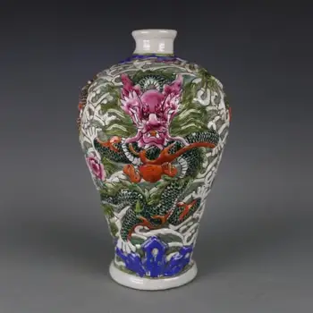 Rare QingDynasty vaza de portelan,produse de Patiserie glazura,balaurul Sculptate,pictate manual meserii,Decorare,Colectia&Podoabă