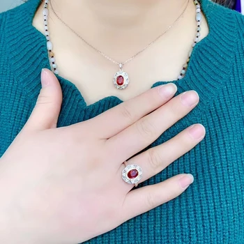 KJJEAXCMY Fine Bijuterii argint 925 incrustat naturale ruby feminin inel pandantiv set de lux acceptă detectarea