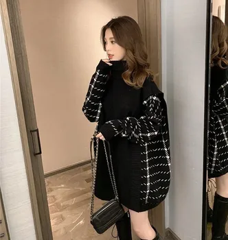 Moda Femei Coreene Mozaic Fals Două Piese Pulover De Iarna ,La Mijlocul Lung Gât Înalt Confort Pulover Rochie