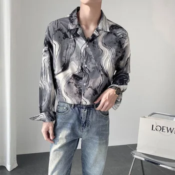 Camasa Barbati cu mâneci Lungi Subțiri Imprimate Trend Retro Camasi Slim Casual Decora Topuri Largi de Îmbrăcăminte pentru Bărbați Primăvară Toamnă Strat Subțire
