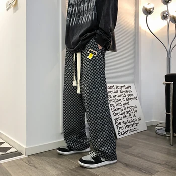 Coreeană Stil Hip-Hop Plus Dimensiune Casual Carouri Pantaloni Largi Streetwear Supradimensionate Pereche De Pantaloni Unisex 2022 Kpop Haine De Moda Pentru Bărbați