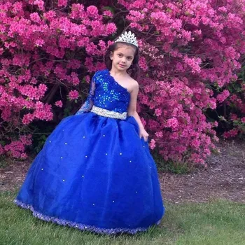 Un Umăr Margele Fetițe De Rochii De Concurs De Albastru Regal Maneca Lunga Rochie De Bal Copii Uzura Formale 2019 Dantelă Flori De Nunta Fete