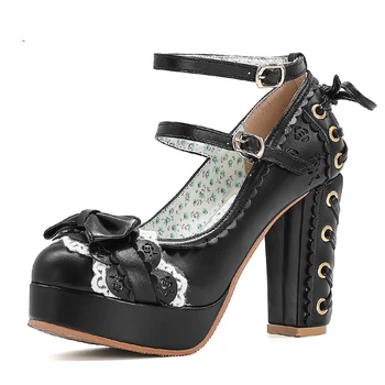 Moda Nou Pompe Tocuri Platforma Pantofi Pentru Femei Dantelă-Up Cu Arcuri Negre Punk Gotice Printesa Pantofi De Toamna De Mari Dimensiuni 43