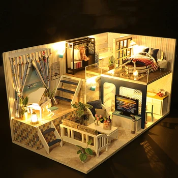 DIY din Lemn, Păpuși Kit Miniatura, cu Mobilier Modern Loft Ocean Casa Papusa Casa Asamblat Jucarii pentru Adulti, Cadouri de Craciun