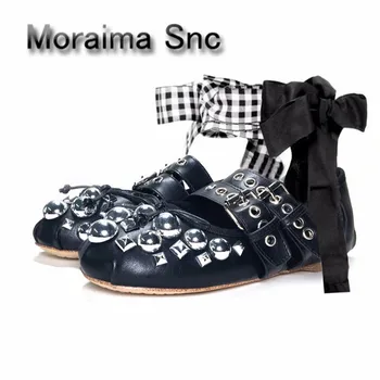 Moraima Snc Primavara din Piele Nituri împânzit pantofi plat Femeie rotund toe pantofi casual Fluture nod Decor Balerini pantofi