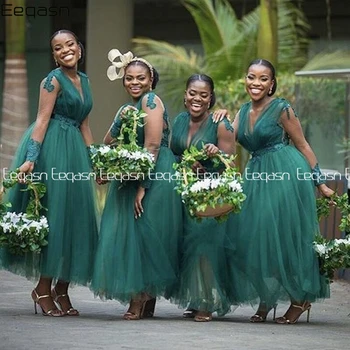 Eeqasn Africane Verde Rochii de domnisoare de Onoare 2020 V Gât Ceai de Lungime Halat Demoiselle D ' honneur Oaspete de Nunta Rochie Pentru Femei