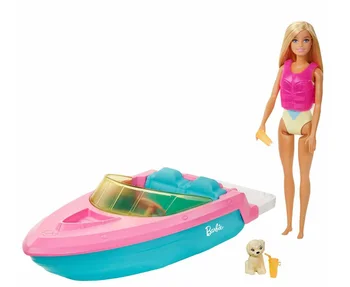 Barbie si-o Barca Joaca Set - Blonda Barbie - Barbie Papusa cu o Barca - Câine,Barca si Barbie -Plutitoare în Apă(cadou surpriza