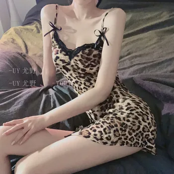 Dantela Sexy Leopard Print Curea de Mătase Vara Gheață Subțire, cu umeri-Bretele Cămașă de noapte pentru Femei