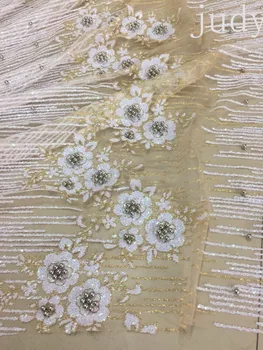 5yards HL401# Aur amestecat cu alb linia de flori si margele de mireasa rochie de mireasa/tăierea transport Gratuit