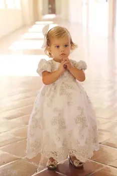Drăguț prințesă dulce mult alb fildeș personalizate dantelă floare fata rochii rochii de oaspeți nunta rochie de fată rochii cu mâneci