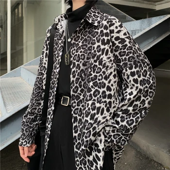 Coreeană Supradimensionat Barbati Șic Leopard De Imprimare Bluza Gotic Liber Maneca Lunga Primavara Toamna Tricou Hip Pop Goth Singur Pieptul Barbati Tee