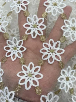 (5yards/pc), cel mai Nou aur alb franceză net dantelă 3 D flori brodate din Africa tul dantela tesatura pentru rochie de petrecere FZZ1104