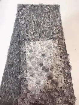 5 metri de margele si diamant-brodate Africane dantela material pentru rochia de mireasa 3D handmade florale șifon, dantelă franțuzească ML7178