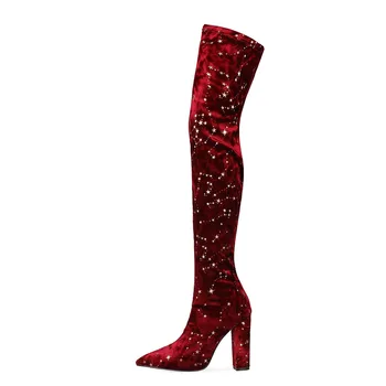 Dovereiss Moda Pantofi pentru Femei de Iarnă a Subliniat Toe Pură culoare Visiniu nou Doamnelor Cizme Bloc heelsOver cizme genunchi 34-47