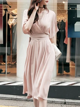 Elegant Rochie de Femei la Jumătatea Vițel V-Gât Lace-Up Jumătate Maneca Pulover Simplu a-Line Moda coreeană Noi de Vara Femei Maxi Rochie