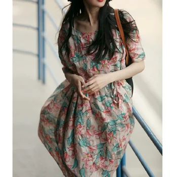 Femeie rochie de Vara Rochie de Ramie Imprimare Literare Rochie Retro cu Centura Vrac Talie Inalta Femei Rochie de Plajă, Saronguri