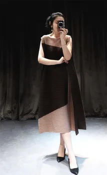 Rochii de vara Pentru Femei 45-75 kg 2020 Noua Moda de Culoare Mozaic Gât Rotund, fără Mâneci Vrac Elastic Miyake Cutat Rochie Lunga
