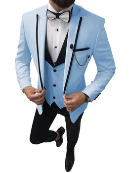 2019 Ultimul Strat Pantaloni Modele Formale Costume Barbati Nunta Cerul Albastru Atins Rever Mirele Fracul Cel Mai Bun Om Blazer 3 Piese Costum Homme