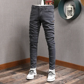 Streetwear Casual Pantaloni Din Denim De Moda Designer De Bărbați Blugi Retro Gri Inchis Elastic Slim Fit Stil Coreean Bumbac Pantaloni De Creion