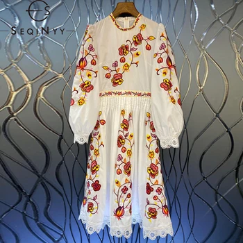 SEQINYY 95% Bumbac Rochie de Primavara-Toamna Noul Design de Moda Femei Pista Broderie Retro Flori de Înaltă Calitate, Dantela O-Linie Genunchi